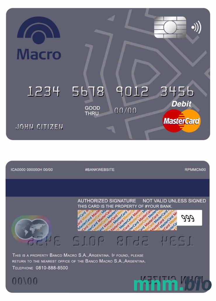 Argentina Banco Macro S.A. bank mastercard debet karta przykład w formacie PSD